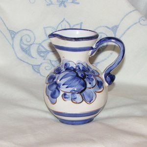 Blue & White Hand Painted Pottery Pitcher Small 4" Floral Decorative Folkart